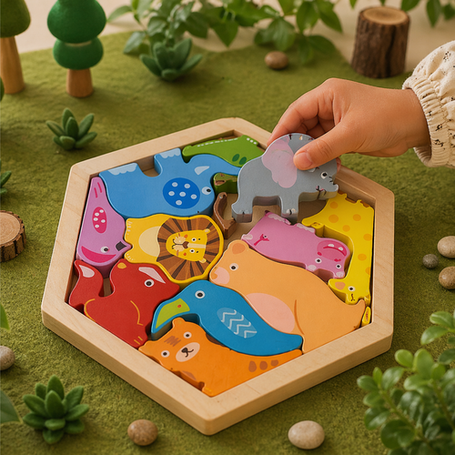 Puzzle Hexagonal Animais da Selva em madeira com peças coloridas de animais, a ser montado