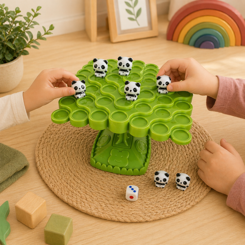 Árvore do Panda Equilibrista: crianças a colocar pandas na árvore verde oscilante, com dado ao lado
