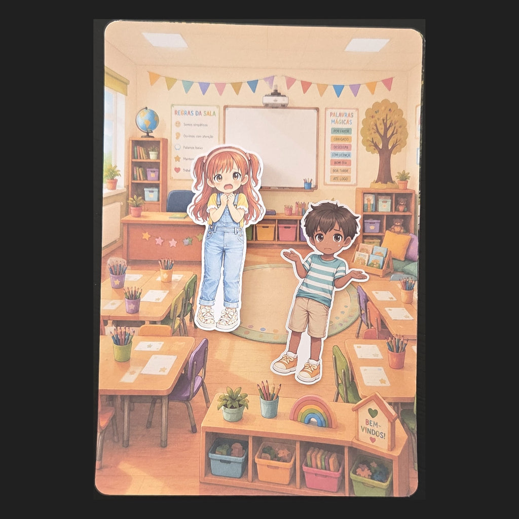 Mini palco da sala de aula com duas personagens da Caixa Emoções em Cena