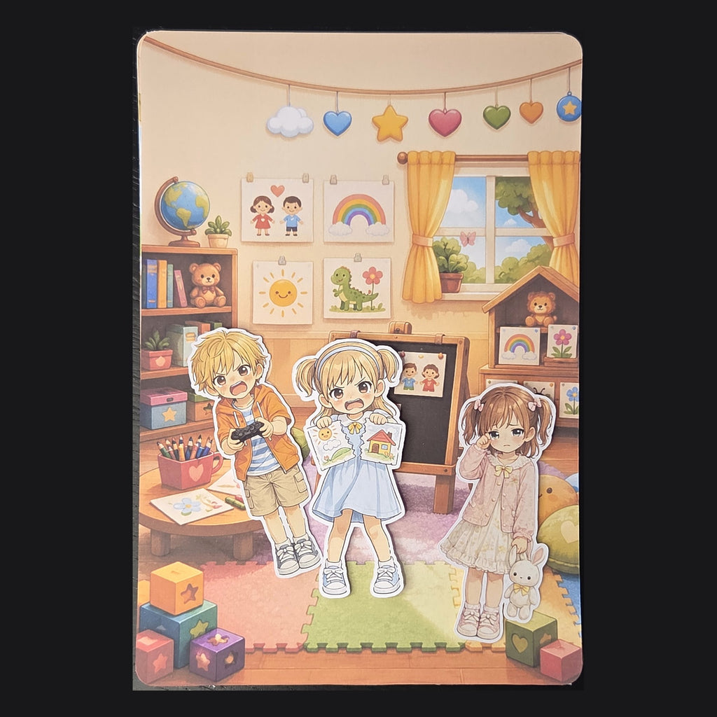 Mini palco da sala de brincar com três personagens da Caixa Emoções em Cena