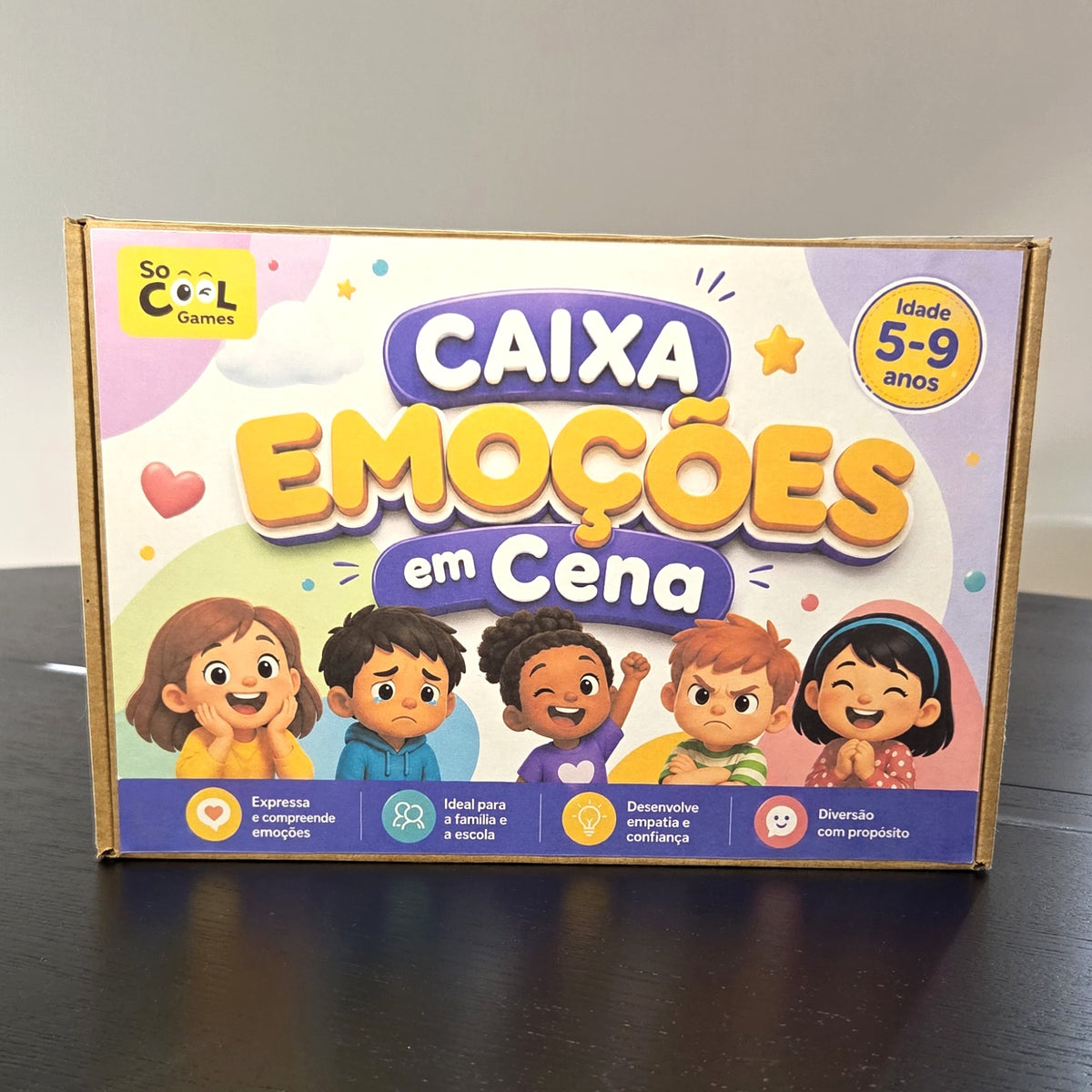 Caixa Emoções em Cena da So Cool Games, para idades dos 5 aos 9 anos