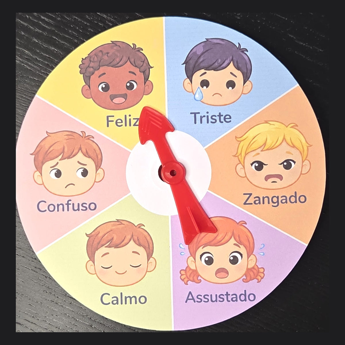 Roda das Emoções com ponteiro: feliz, triste, zangado, assustado, confuso e calmo