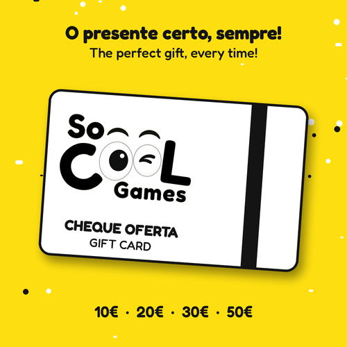 Cheque Oferta So Cool Games amarelo e branco com logótipo, disponível em 10, 20, 30 e 50 euros