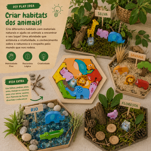 Ideia de brincadeira: criar habitats para os animais do Puzzle Hexagonal Animais da Selva