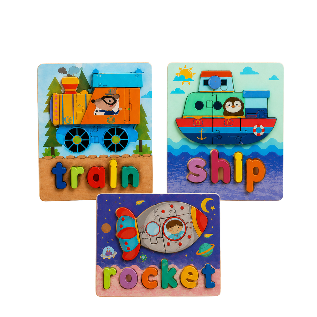 Os 3 puzzles de madeira do Pack Amigos Aventureiros com letras para formar palavras, em fundo branco