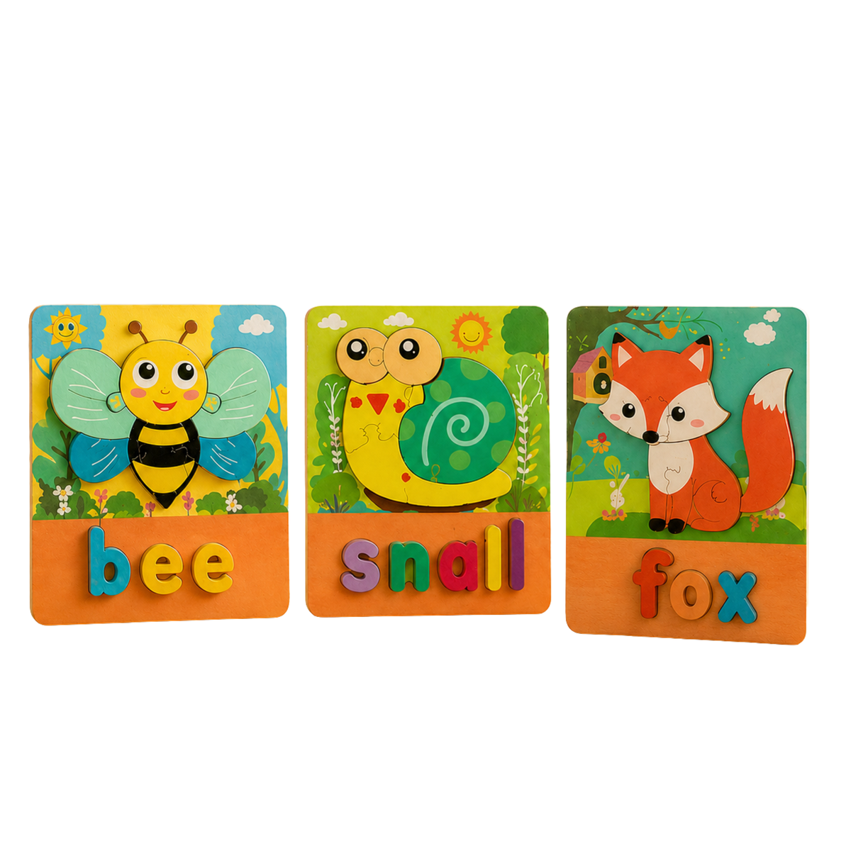Os 3 puzzles de madeira do Pack Amigos do Jardim com letras para formar palavras, em fundo branco