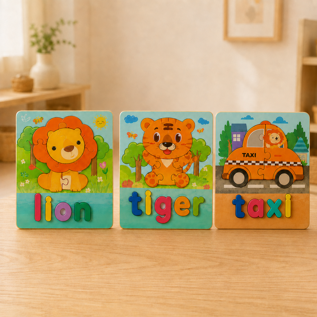 Pack Amigos da Selva: 3 puzzles de madeira com leão, tigre e táxi, numa mesa