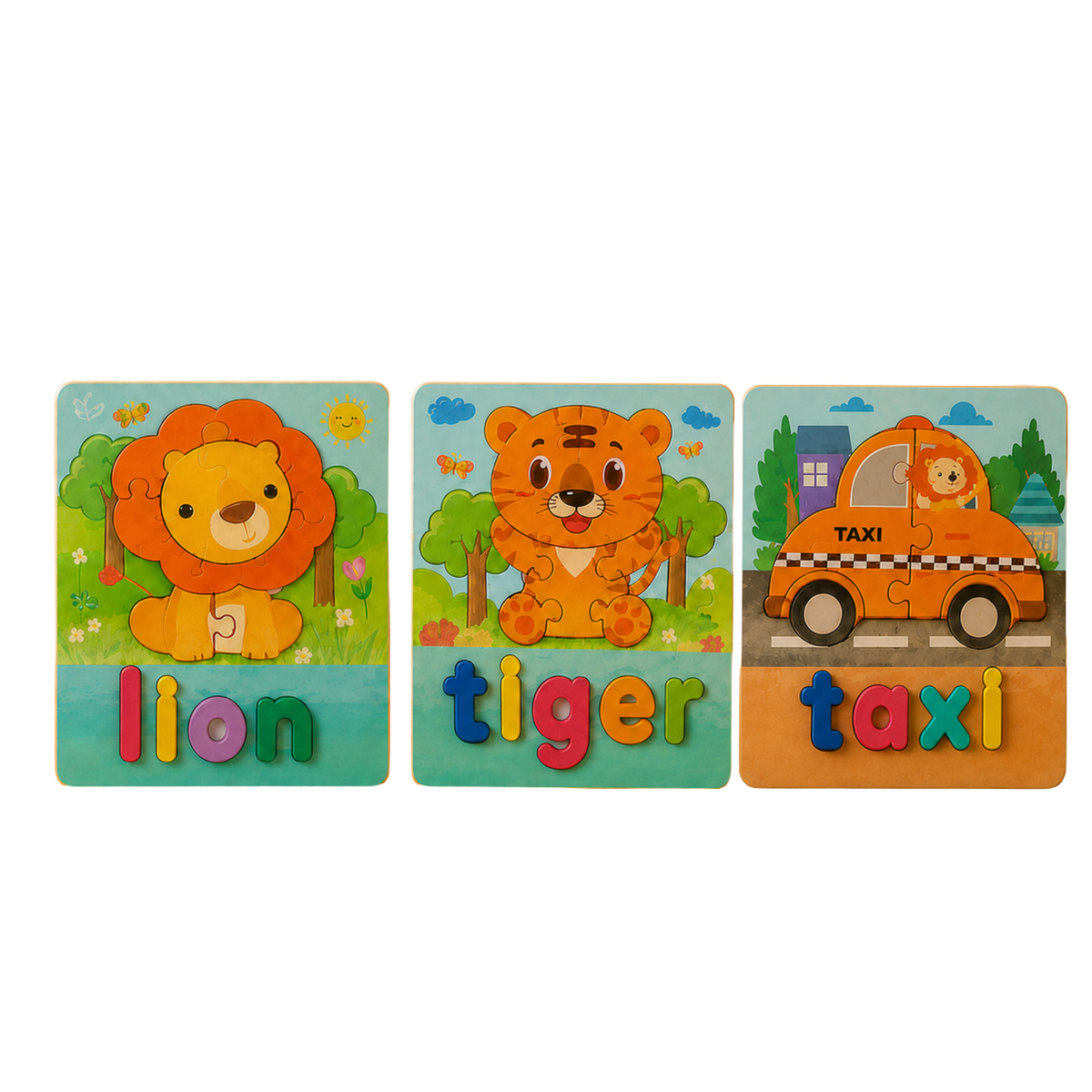 Os 3 puzzles de madeira do Pack Amigos da Selva com letras para formar palavras, em fundo branco
