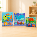 Pack Amigos do Oceano: 3 puzzles de madeira com peixe, baleia e tartaruga, numa mesa