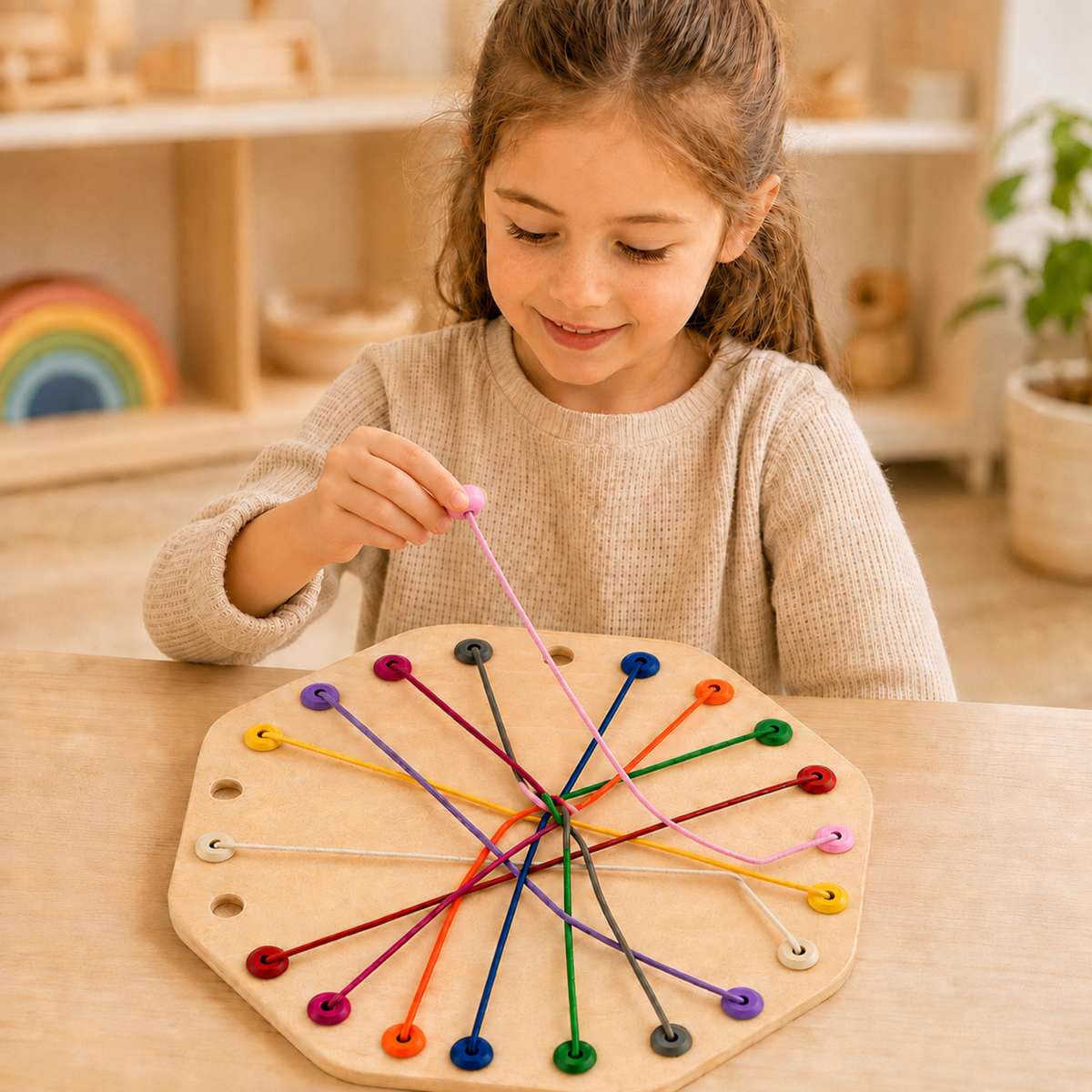 Menina a desenrolar elásticos coloridos no tabuleiro de madeira do Jogo dos Elásticos